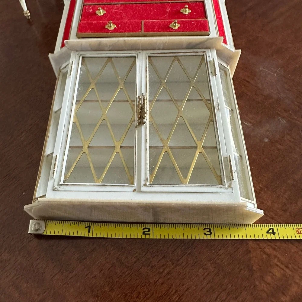 Vintage Miniature Dollhouse Furniture Set Red Velvet White Gold Hutch Chairs 4pc